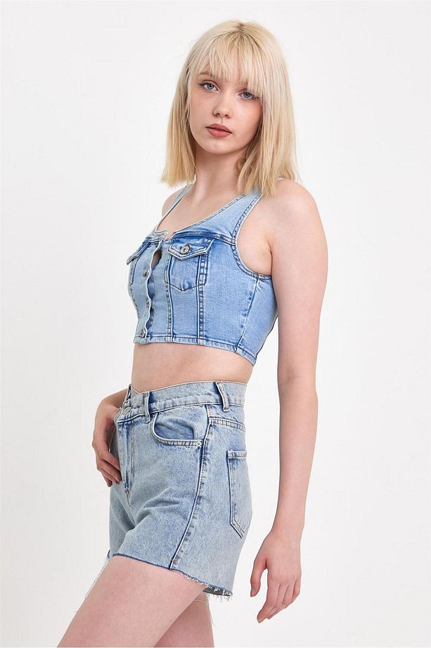 - Kadın Önü Düğmeli Cep Detaylı Askılı Denim Crop Açık Mavi - 5