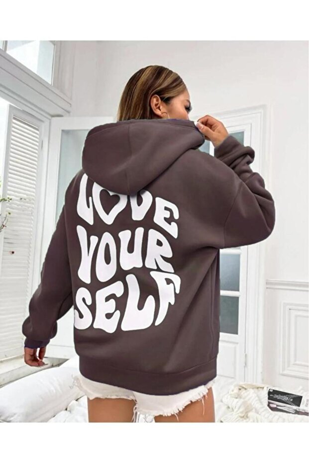 Women's Brown Love Yourself Printed Hooded Sweatshirt