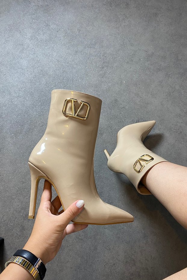Masha Beige Patent Leather Buckle Women's Heeled Boots