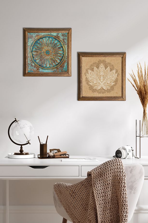 Yaşam Çiçeği, Lotus Çiçeği Taş Duvar Tablosu Ahşap Çerçeveli Duvar Dekoru 2'li Tablo Set -W2-496- - 1