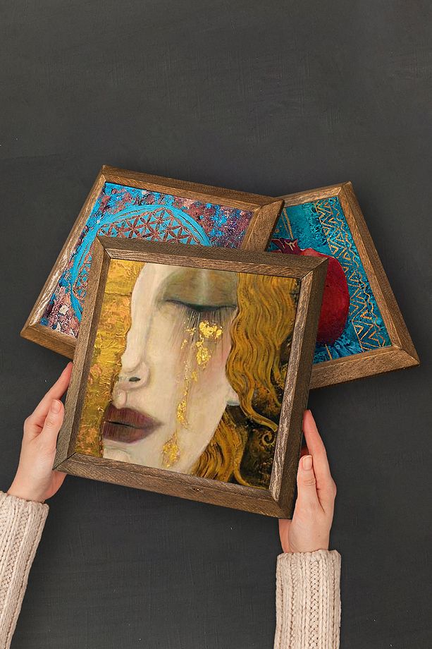 Gustav Klimt Yelpazeli Kadın, Öpücük Taş Duvar Tablosu Ahşap Çerçeveli Duvar Dekoru -W2-359- - 4