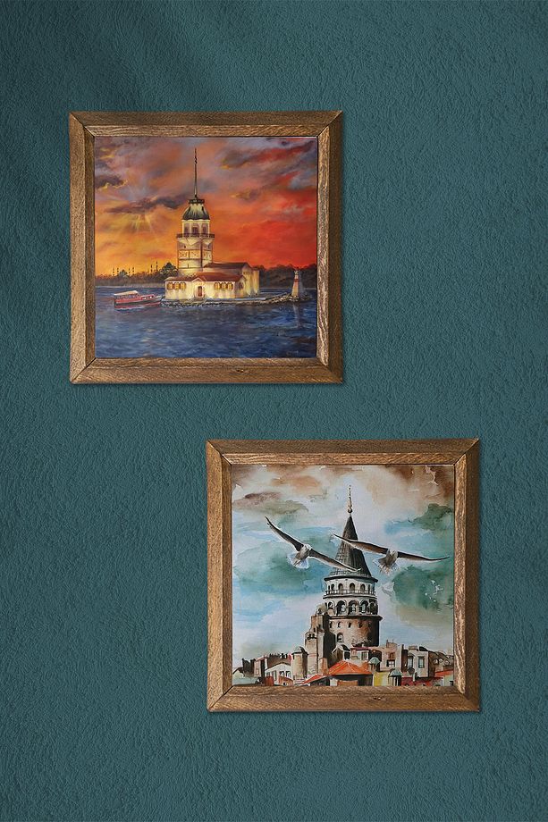 İstanbul Galata Kulesi, Kız Kulesi Taş Duvar Tablosu Ahşap Çerçeveli Duvar Dekoru 2li Tablo -W2-687- - 3