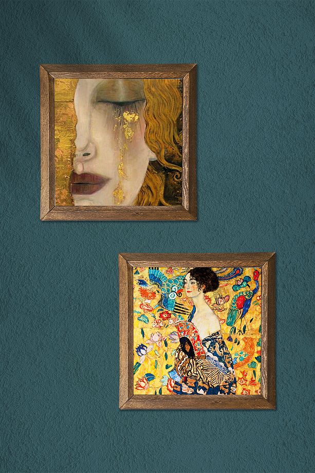 Gustav Klimt Yelpazeli Kadın, Altın Gözyaşları Taş Duvar Tablosu Çerçeveli Duvar Dekoru -W2-367- - 3
