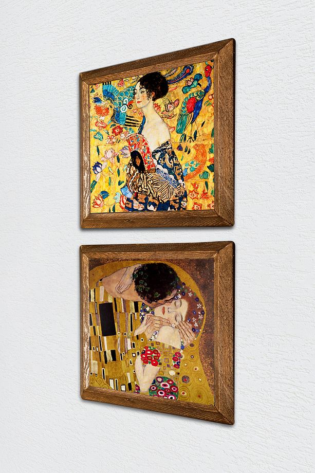 Gustav Klimt Yelpazeli Kadın, Öpücük Taş Duvar Tablosu Ahşap Çerçeveli Duvar Dekoru -W2-359- - 2