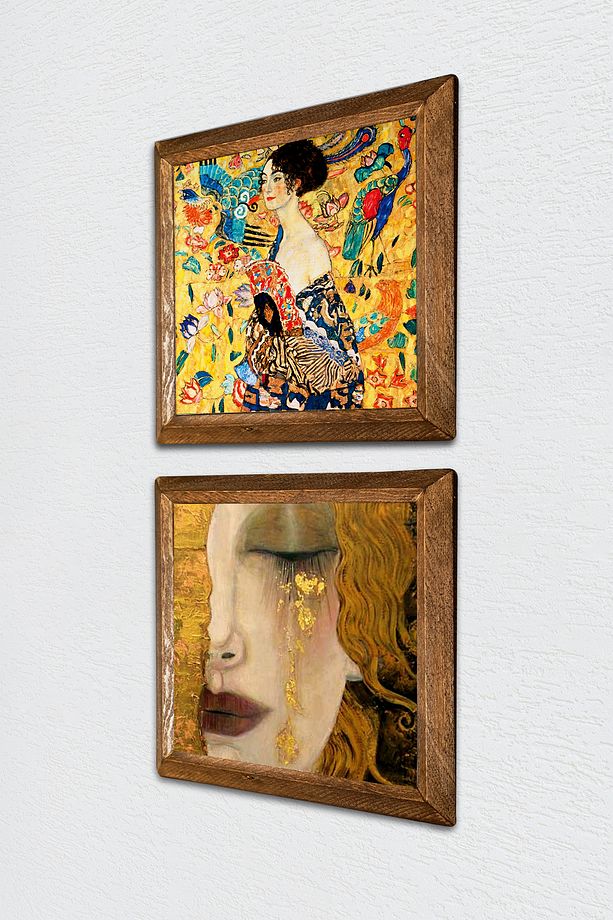 Gustav Klimt Yelpazeli Kadın, Altın Gözyaşları Taş Duvar Tablosu Çerçeveli Duvar Dekoru -W2-367- - 2