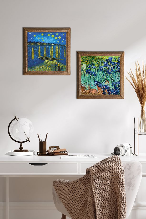 Van Gogh Ren Nehri’nde Yıldızlı Bir Gece, İrisler Taş Duvar Tablosu Çerçeveli Duvar Dekoru -W2-388- - 1