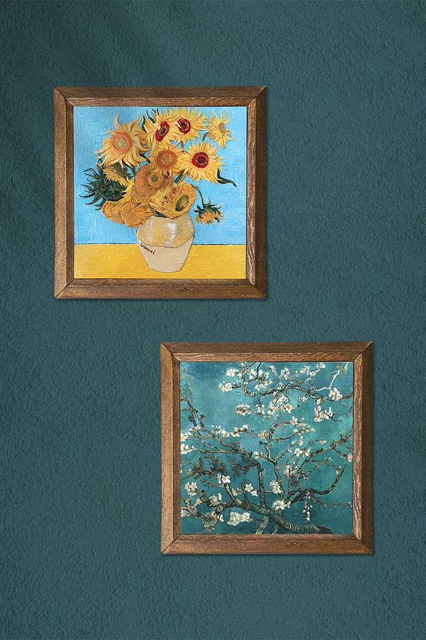 Van Gogh On İki Ayçiçekli Vazo, Badem Ağacı Taş Duvar Tablosu Ahşap Çerçeveli Duvar Dekoru -W2-372- - 3