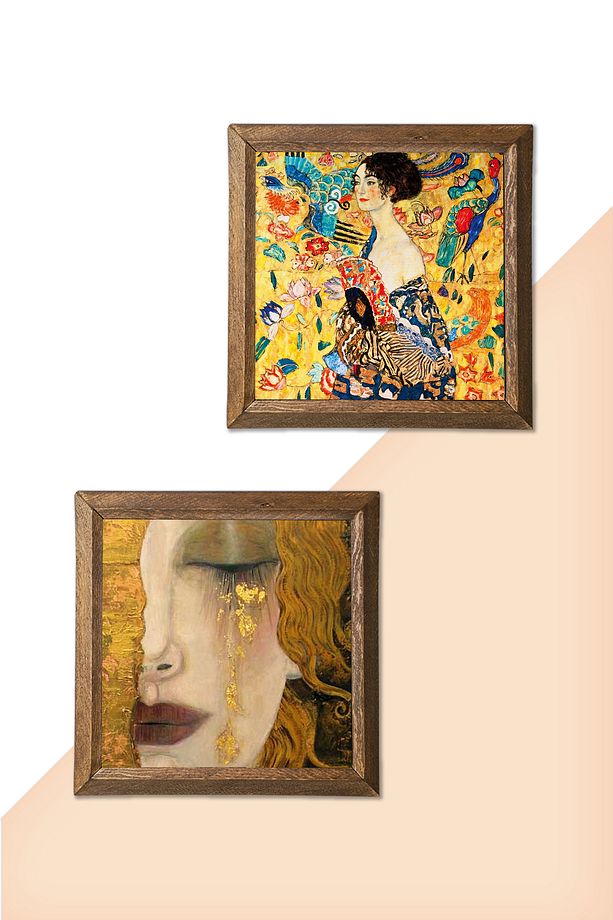 Gustav Klimt Yelpazeli Kadın, Altın Gözyaşları Taş Duvar Tablosu Çerçeveli Duvar Dekoru -W2-367- - 5
