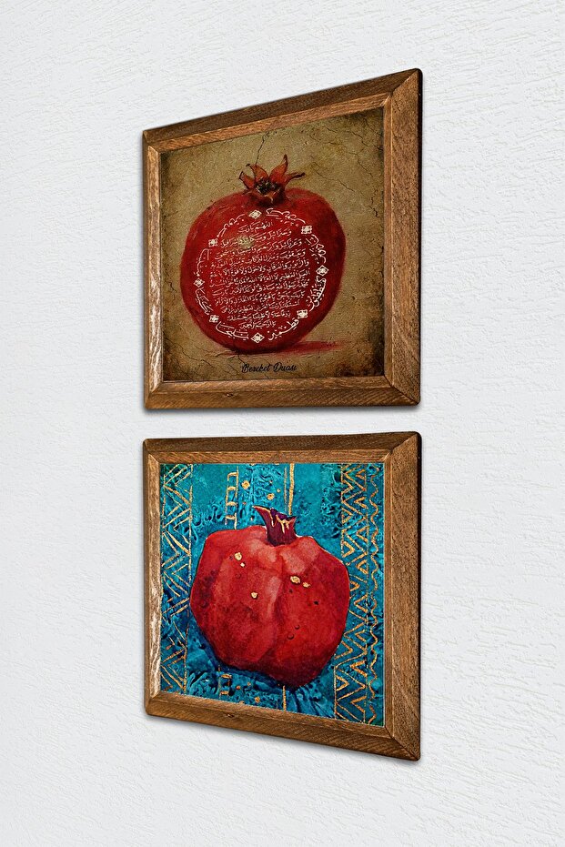 Bereket Duası, Nar Taş Duvar Tablosu Ahşap Çerçeveli Duvar Dekoru 2'li Tablo Seti Wall Art -W2-97- - 2