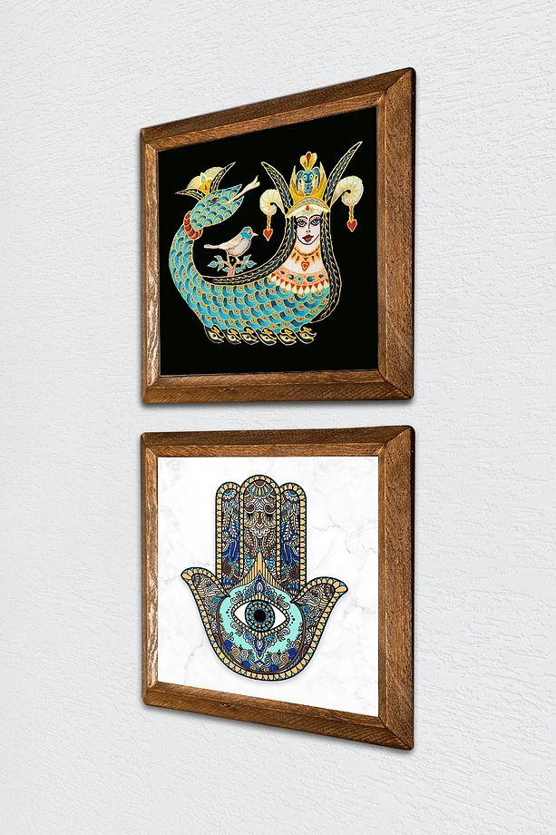 Şahmeran, Fatma Ana Eli (Hamsa) Taş Duvar Tablosu Ahşap Çerçeveli Duvar Dekoru 2li Tablo -W2-04- - 2