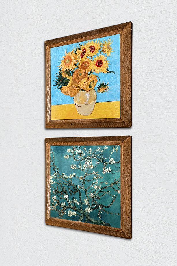 Van Gogh On İki Ayçiçekli Vazo, Badem Ağacı Taş Duvar Tablosu Ahşap Çerçeveli Duvar Dekoru -W2-372- - 2
