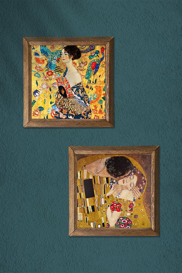 Gustav Klimt Yelpazeli Kadın, Öpücük Taş Duvar Tablosu Ahşap Çerçeveli Duvar Dekoru -W2-359- - 3