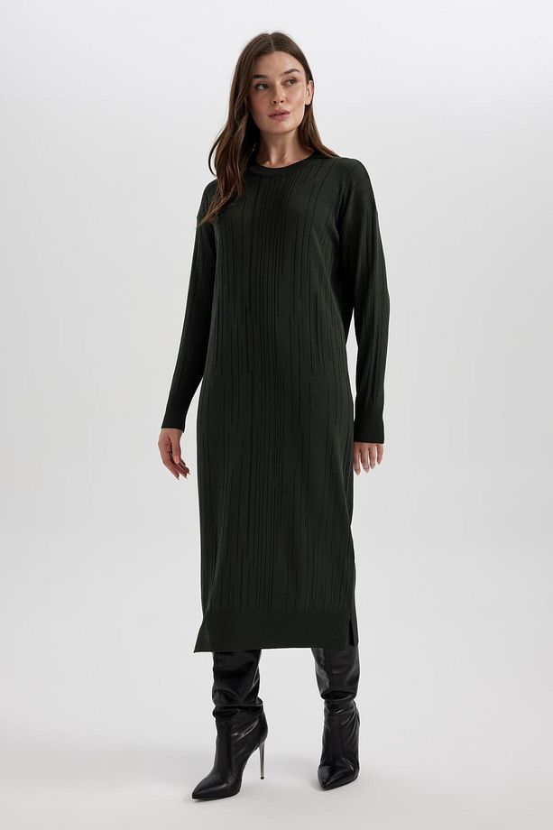 Regular Fit Bisiklet Yaka Basic Düz Uzun Kollu Krep Midi Triko Elbise A9806ax23wn - 1