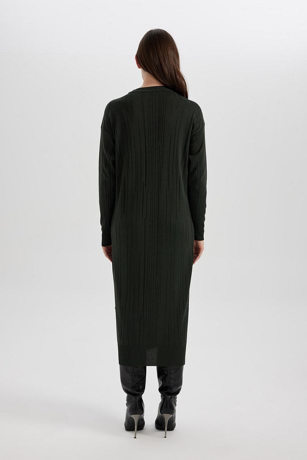 Regular Fit Bisiklet Yaka Basic Düz Uzun Kollu Krep Midi Triko Elbise A9806ax23wn - 6