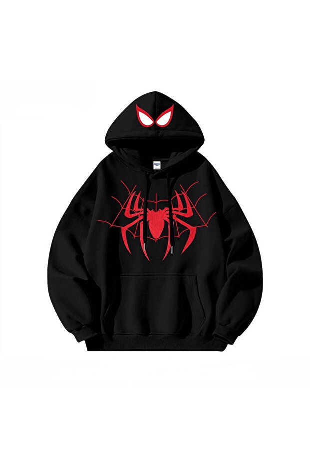 Y2k Spider Web Patterned Hooded Oversize Hoodie - 3 Thread Thick Fabric