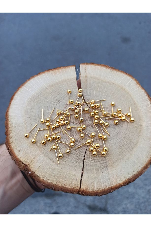 30 ADET - 4 mm TOP BAŞLI KÜPE İĞNESİ, KÜPE ÇİVİSİ, KÜPE APARATI, GOLD KAPLAMA - 2