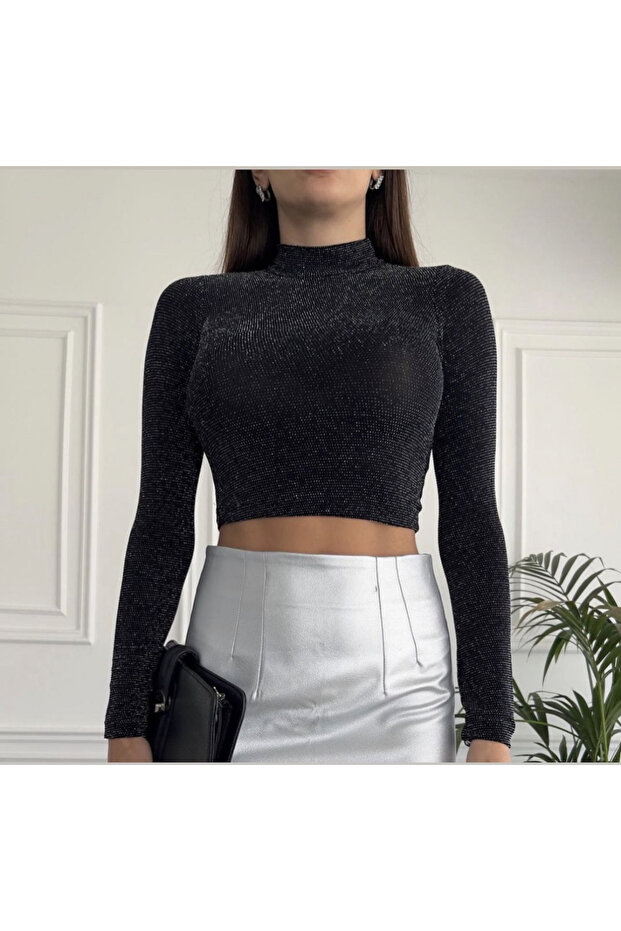 Kadın siyah simli crop - 2