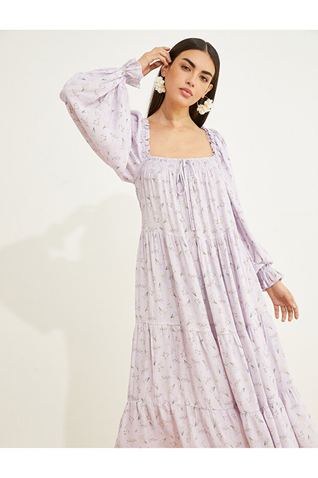 Floral Midi Dress Square Neck Balloon Sleeve