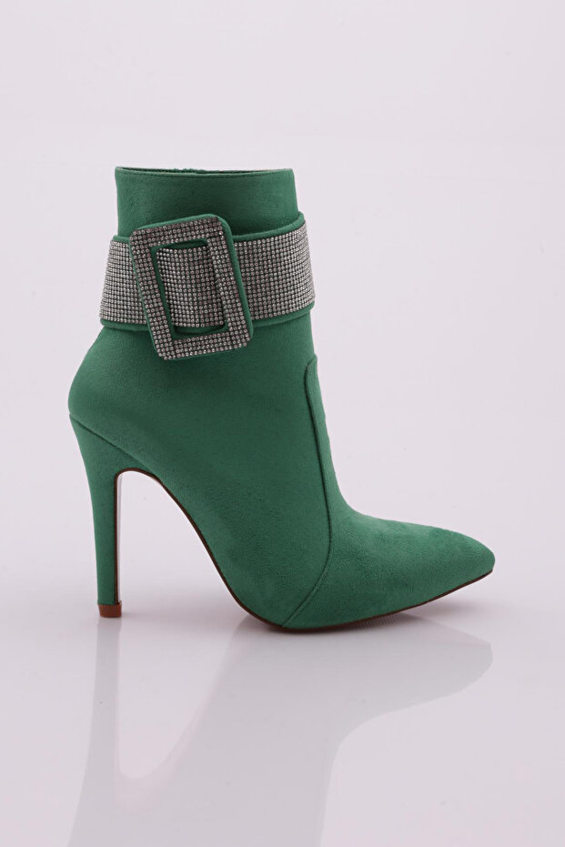 Women's Pointed Toe Crystal Stone Belt Buckle Thin Heeled Boots Green Suede 53693247