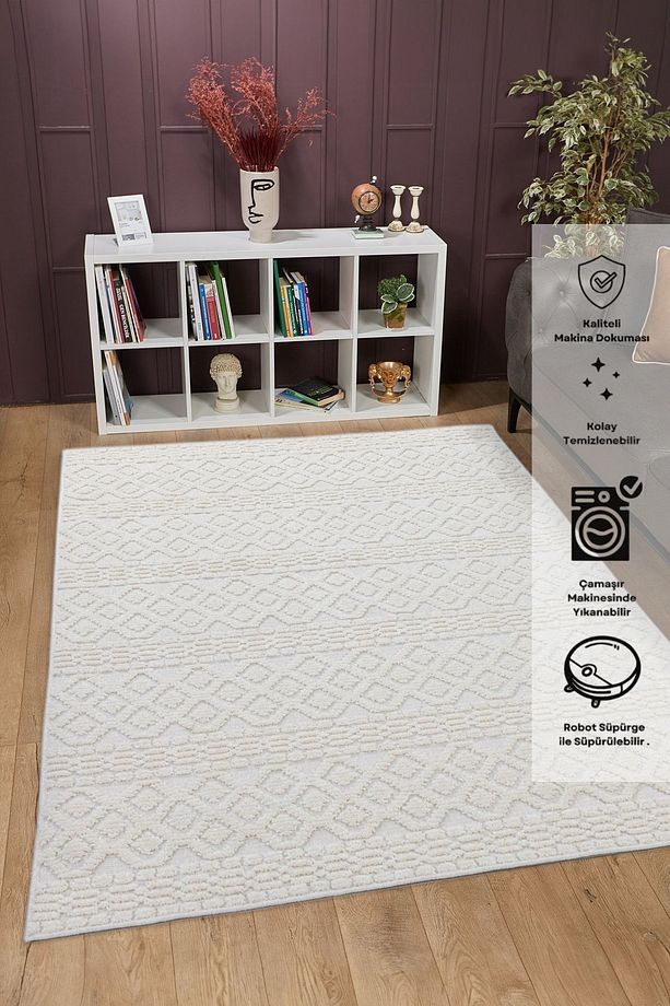 Chenille Krem Yumuşak Yıkanabilir Çocuk Odası Oturma Odası Salon Mutfak Halısı N1 - 1