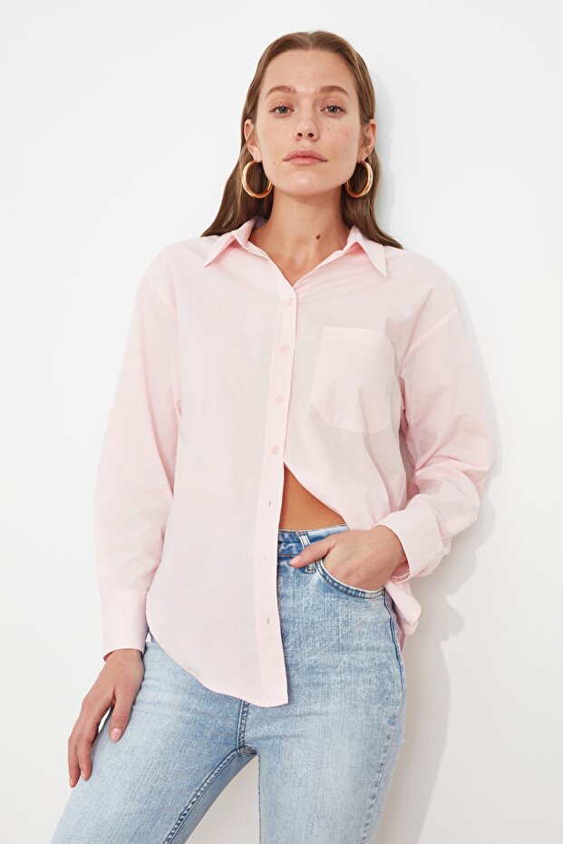 Pembe Tek Cepli Boyfriend/Geniş Kalıp Pamuklu Dokuma Gömlek TWOAW20GO0115 - 1