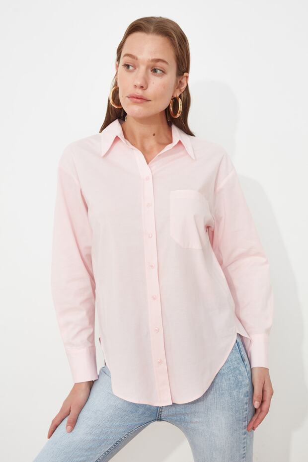 Pembe Tek Cepli Boyfriend/Geniş Kalıp Pamuklu Dokuma Gömlek TWOAW20GO0115 - 7