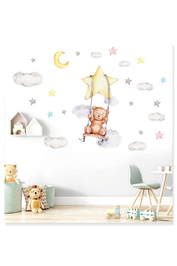 Cute Teddy Bear Swinging on the Swing Cloud and Stars Children's Room Wall Sticker