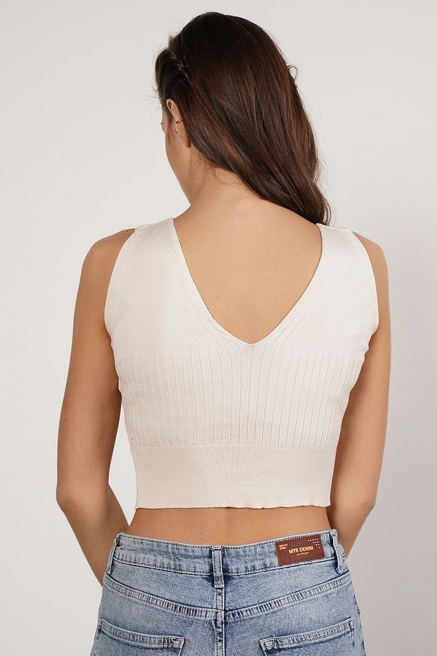 Kemık %100 Organik Pamuk Likralı Crop Triko Atlet Örme Bluz - 7