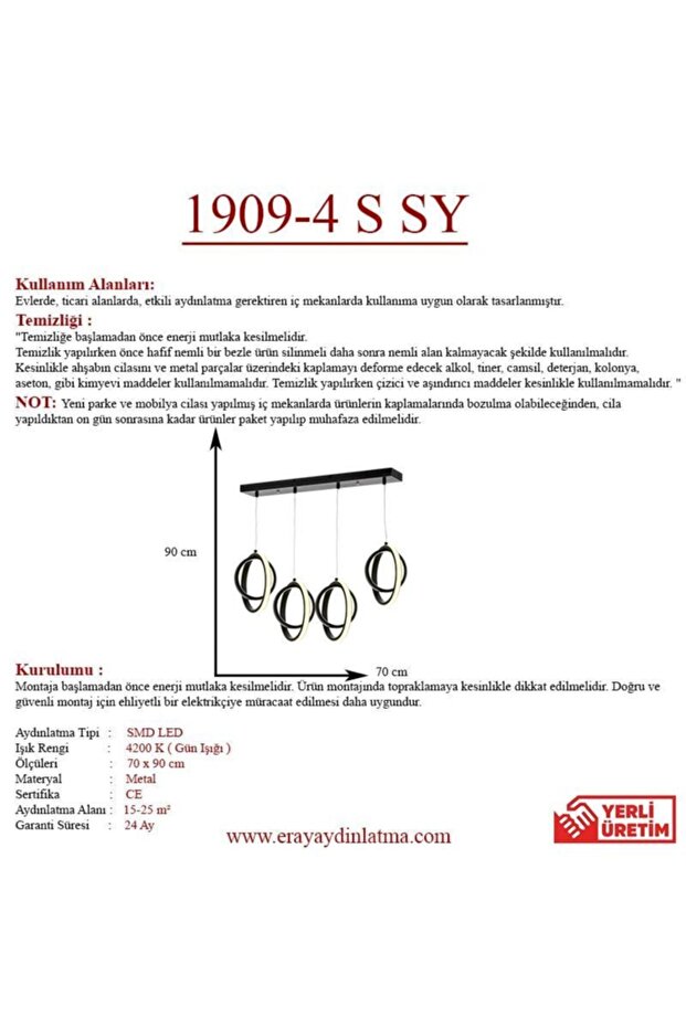 1909-4 Siyah Sıralı 4 Lü Led Avize - 3