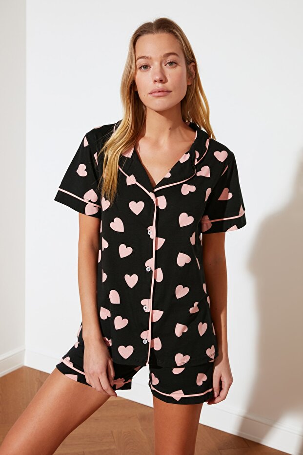 Heart Patterned 100% Cotton Shirt and Shorts Sleepwear Set - THMSS21PT1200 - 7