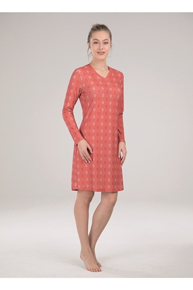 Women's Salmon Long Sleeve Nightgown 50072