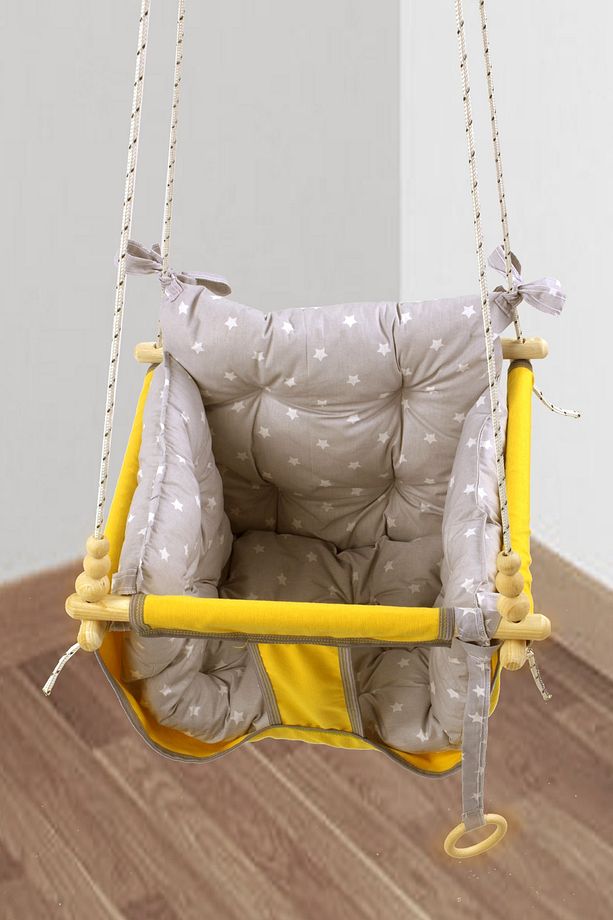 Wag Swing Sarı Çocuk Ahşap Bebek Hamak Ev Tavan Bahçe Salıncağı - 3