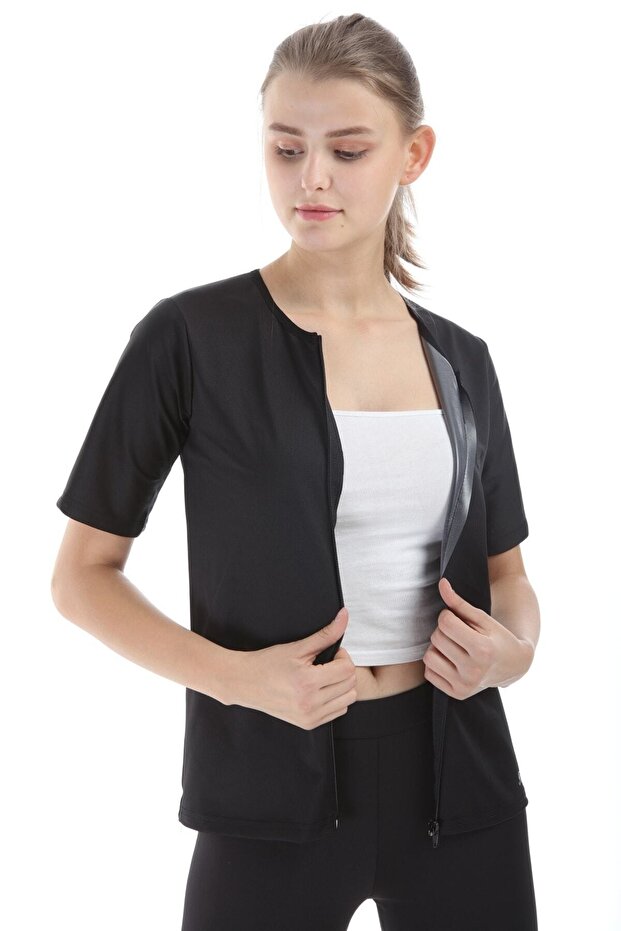 Polymer Coated Inside Fat Burning Front Zippered Short Sleeve Top Thermal Tights and Thermal Underwear Set