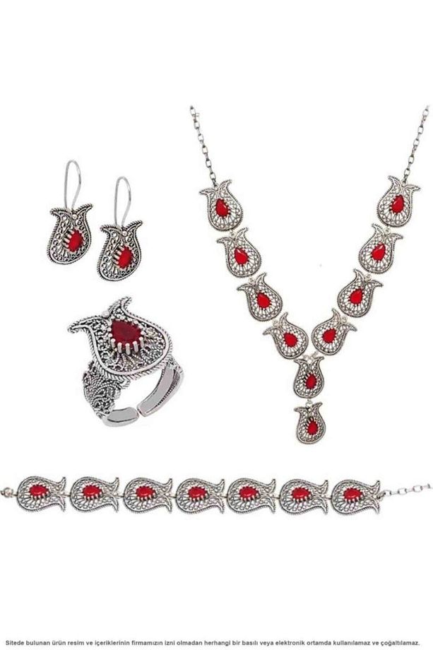 Gümüş Telkari Kök Yakut Taşlı Lale Gerdanlık Set - 3