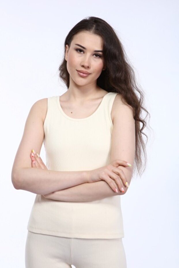 Women's Cream Ribbed Boat Neck Camisole Knitted Undershirt