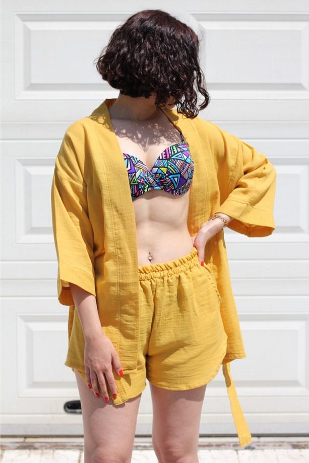 Kadın Sarı Müslin Şort & Kimono Takım - 4