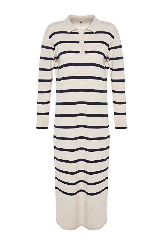 Dzianinowa sukienka w paski w kolorze indygo z kołnierzykiem polo TCTAW22EB0212 - 6