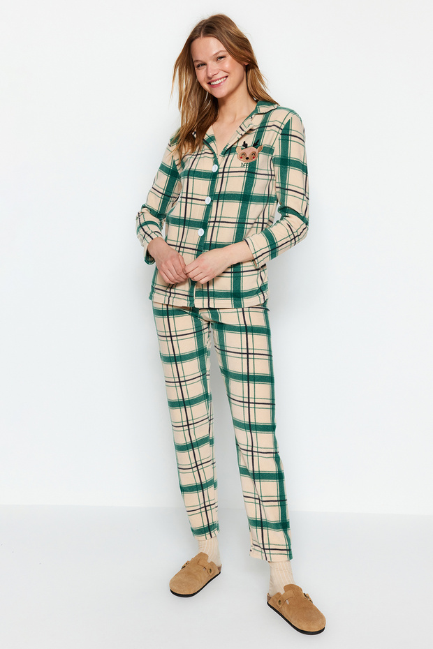 Yeşil Nakışlı Ekoseli Polar Kışlık Örme Pijama Takımı THMAW24PT00175 - 3