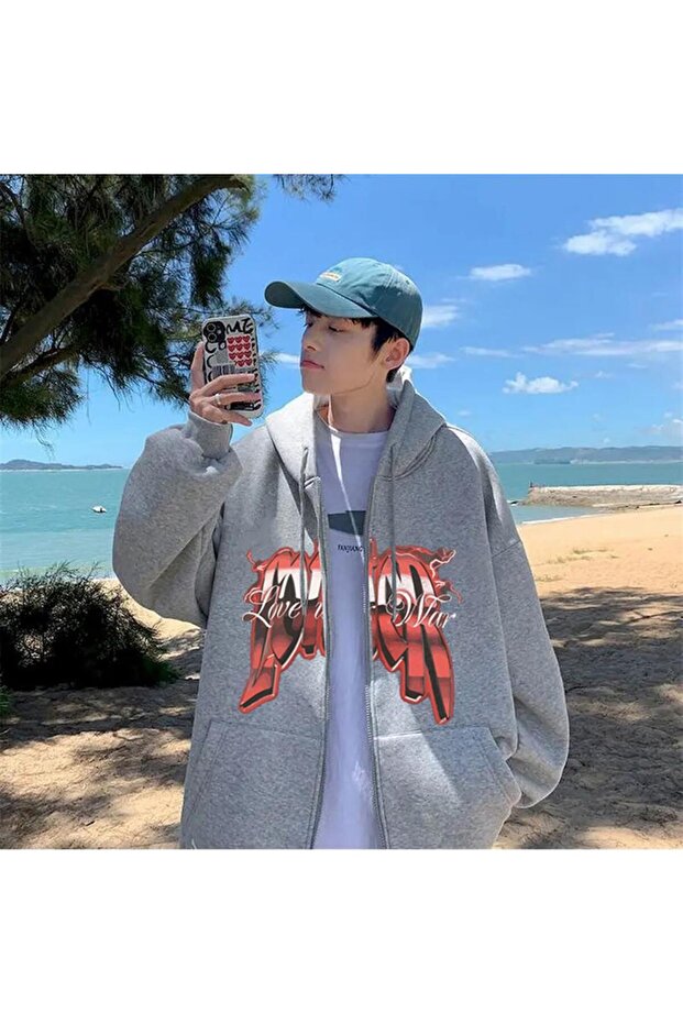 Love Is War Printed Oversize Zippered Gray Unisex Hooded Cardigan