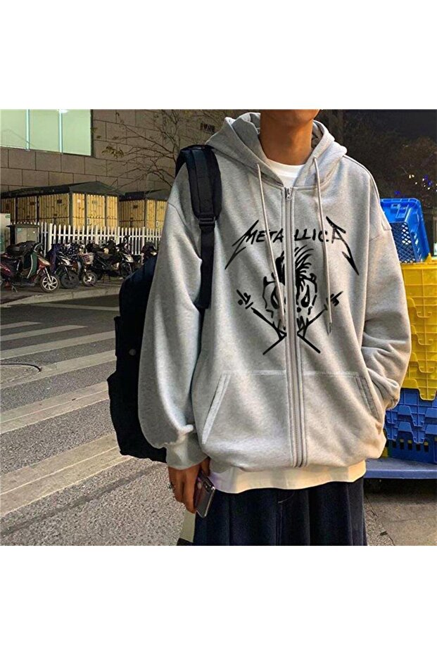 Metallica Skull Printed Oversize Zippered Gray Unisex Hooded Cardigan