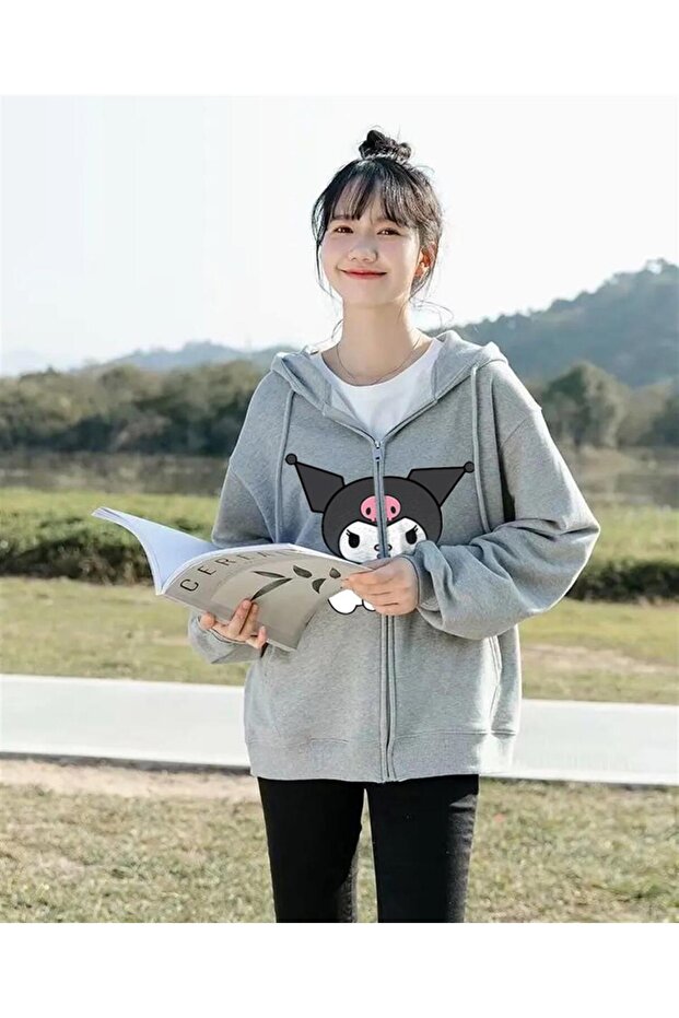 Kuromi Sitting Printed Oversize Zippered Gray Unisex Hooded Cardigan