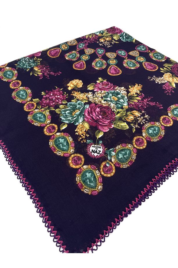 5'li Set Toptan Hediyelik Çiçekli Desen Oyalı Pamuklu Yazma 100x100cm Kroşeta Eşarp - 4