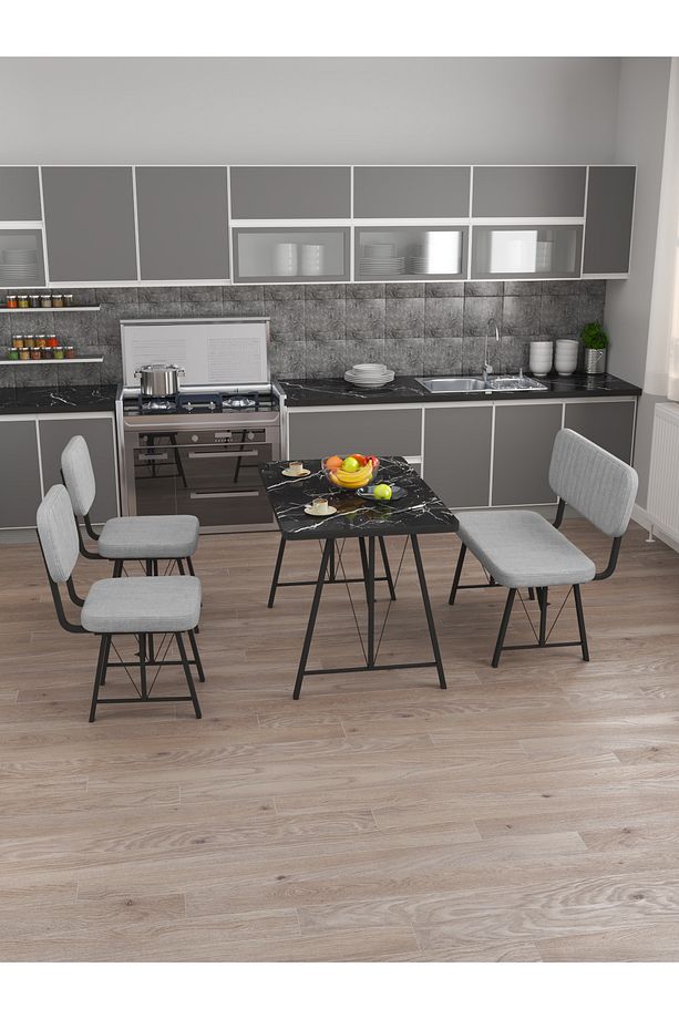 Hayat 70x110 Bendir Mutfak Masası, Mutfak Masası Takımı, Yemek Masası, 2 Sandalye 1 Bench - Açık Gri - 4