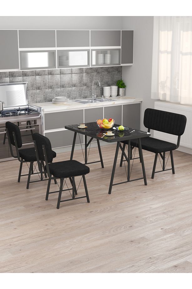 Hayat 70x110 Bendir Mutfak Masası, Mutfak Masası Takımı, Yemek Masası, 2 Sandalye 1 Bench - Siyah - 3