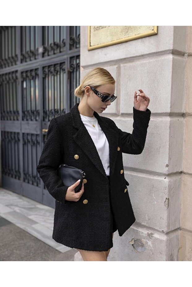 Long Tweed Blazer Jacket with Gold Buttons