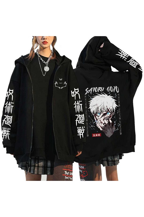 Jujutsu Kaisen fermuarlı Kapşonlu Gojo Satoru Unisex Y2k Model23 - 1