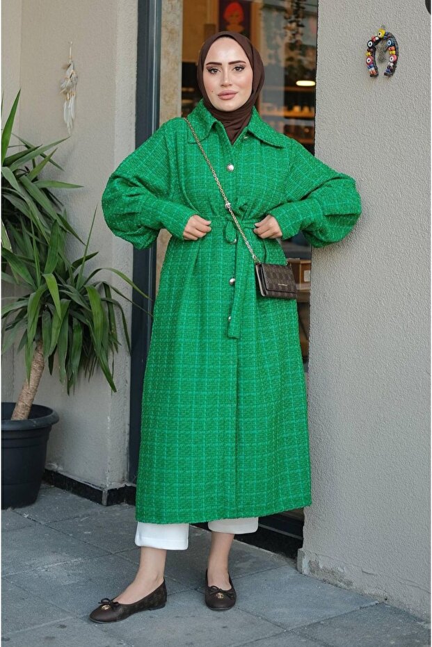 Kadın Mevsimlik Düğmeli Kuşaklı Kaban - 1