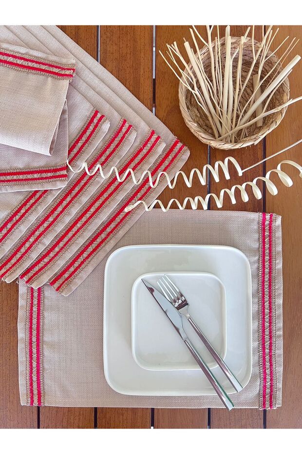 American Service, Jute Textured, Linen Linen Red Stripe 6 Pieces