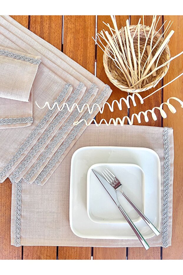 American Service, Jute Textured, Linen Linen Gray Striped 6 Pieces