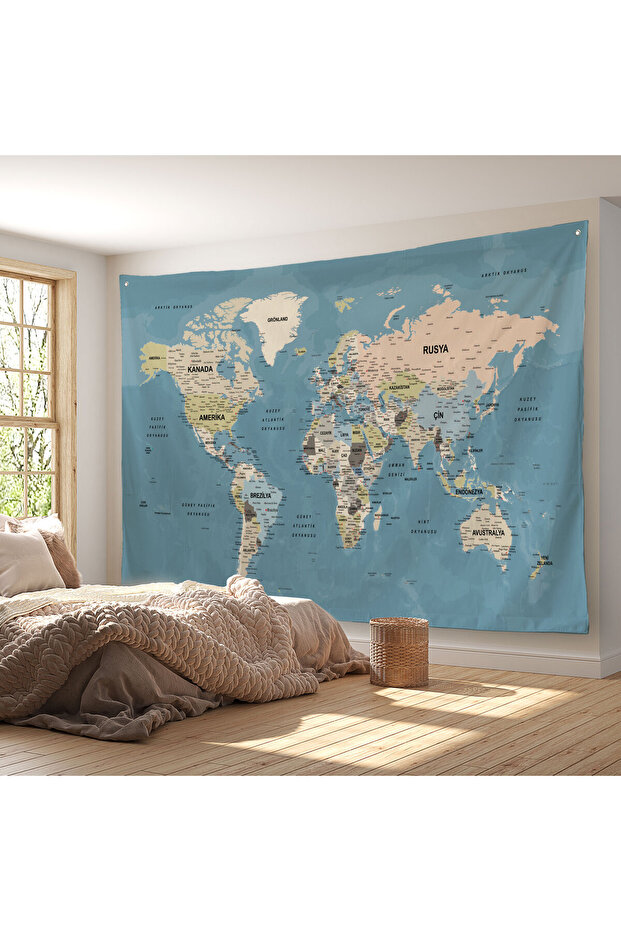 Wall Cover / Carpet Detailed Current Turkish World Map Quality Canvas Fabric-3977